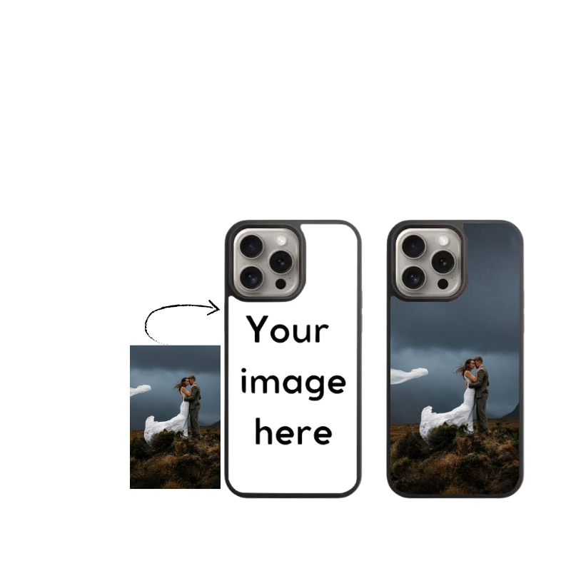 Phone case design with customizable photo area on a white background